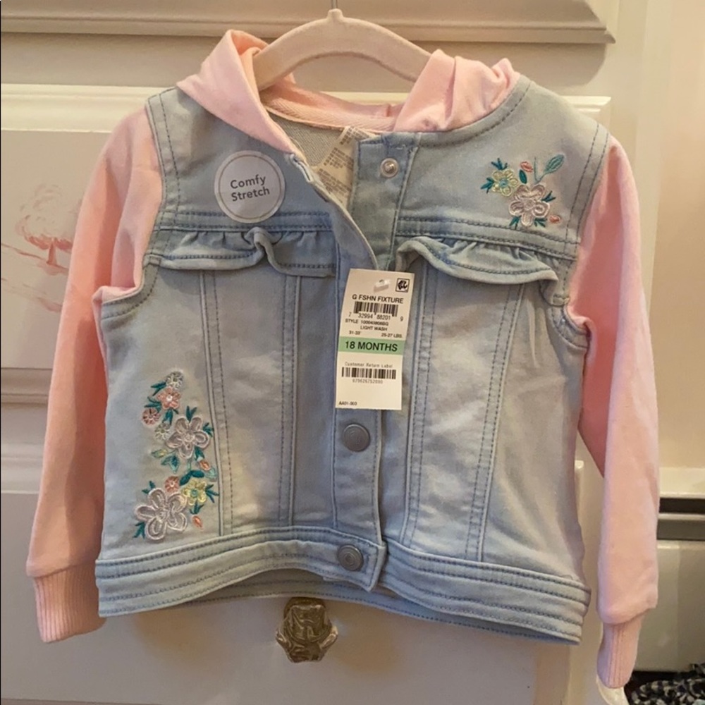 NWT Embroidered Jean jacket with pink sleeves